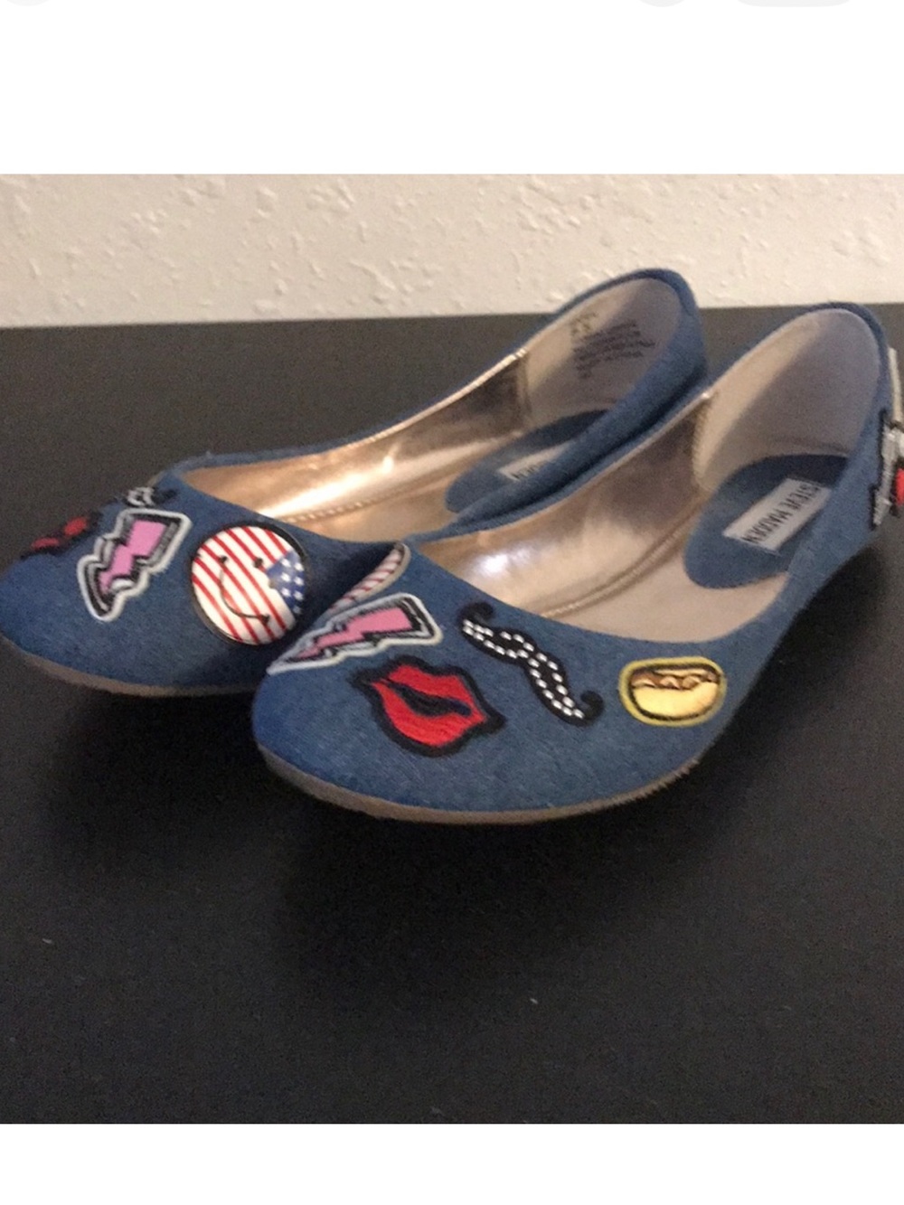 Steve Madden Denim Patchwork Flats - Blue with Multicolor Patches